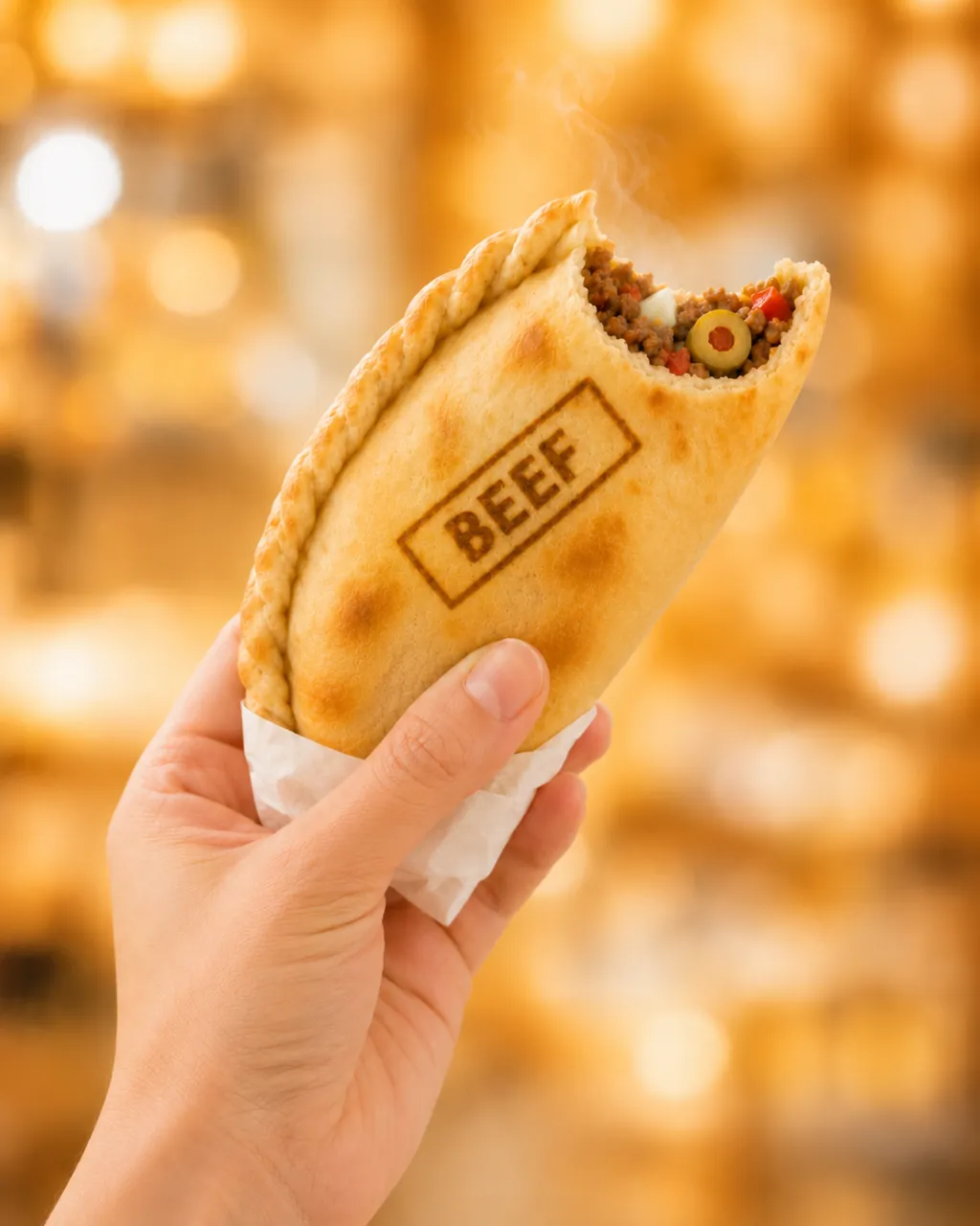 Hand holding a Renzo's beef empanada with a bite taken, stamped BEEF, filling visible