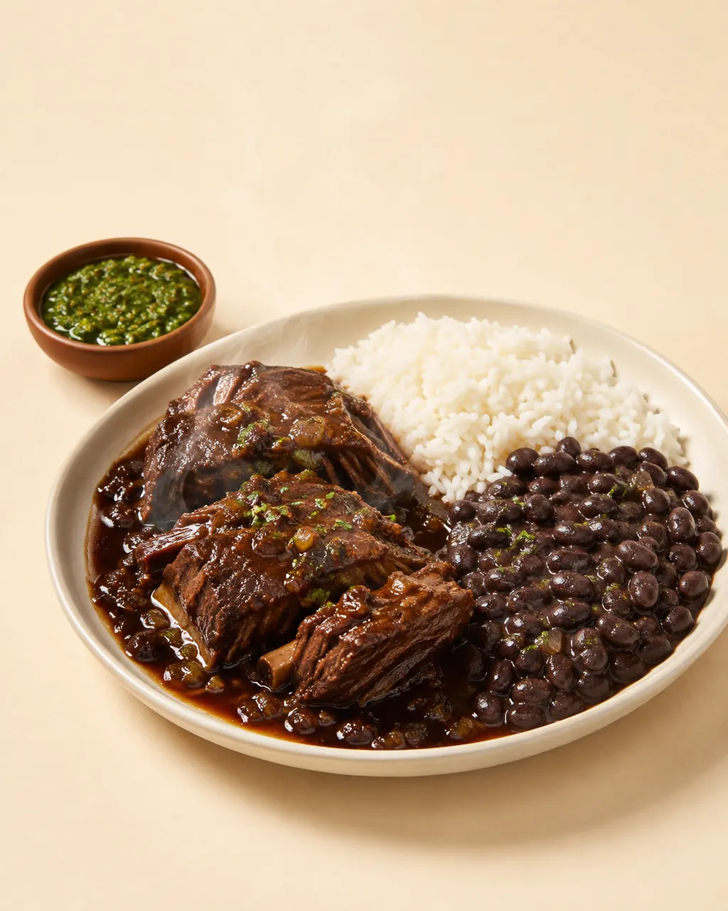 Braised short ribs in wine reduction with white rice and black beans, Renzo's lunch plate