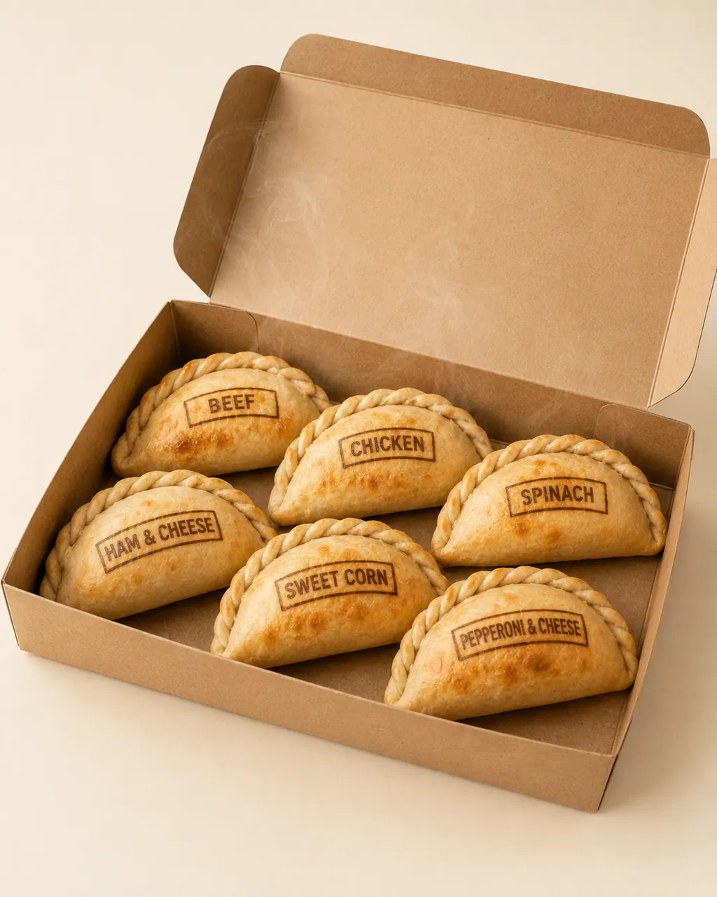 Open takeout box of six Renzo's empanadas, each crust stamped with its flavor name