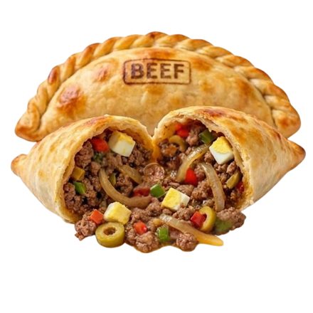 Beef empanada cut open, its crust stamped BEEF — Renzo's, Tampa