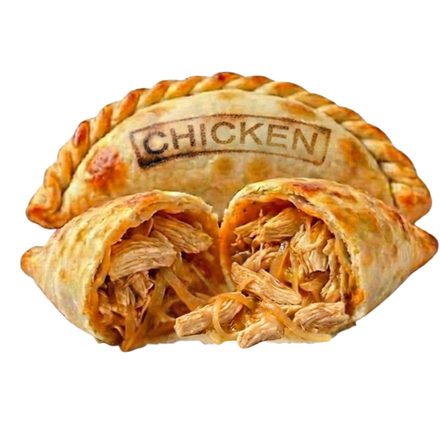 Chicken empanada cut open, crust stamped with its name — Renzo's, Tampa