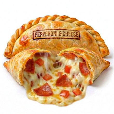 Pepperoni and cheese empanada with melted mozzarella, crust stamped — Renzo's, Tampa